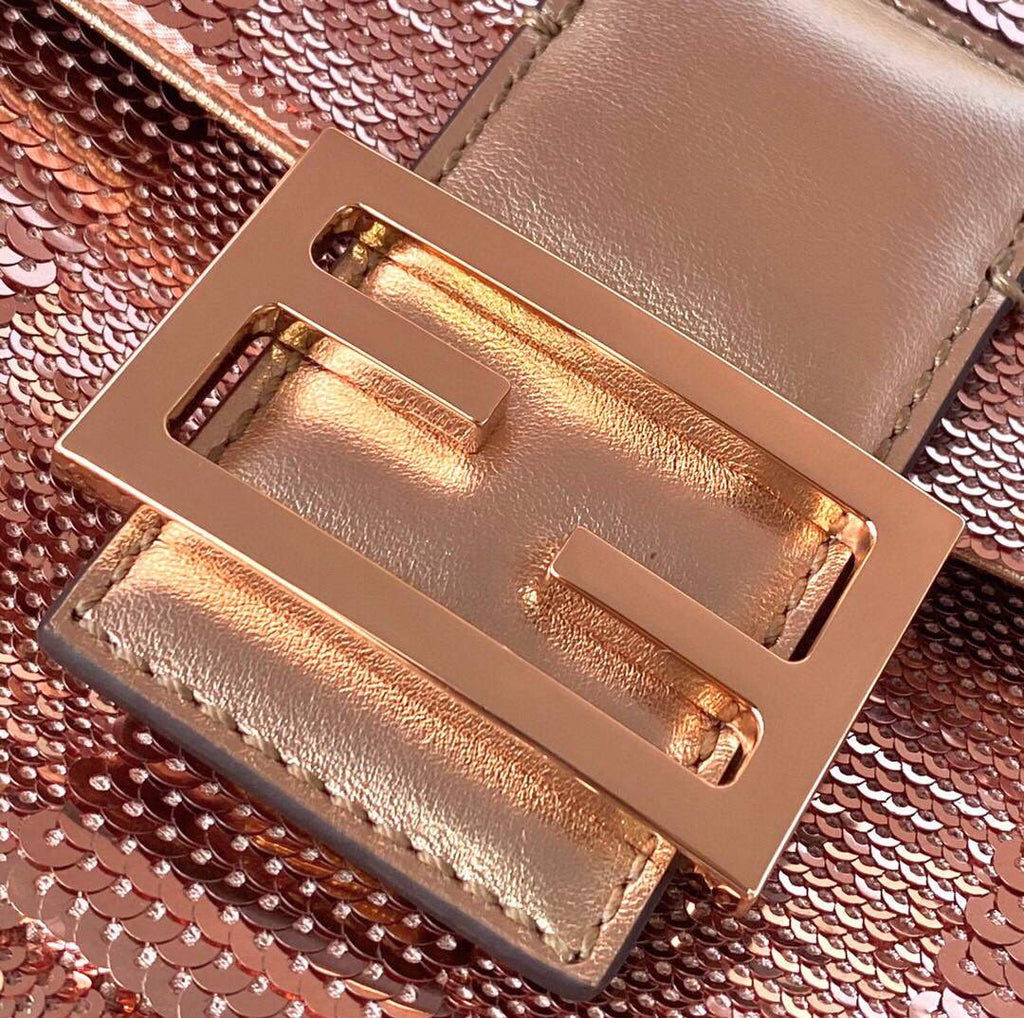 Fendi 8BR792 Medium Baguette 1997 Pink Satin Bag with Sequins 0127L