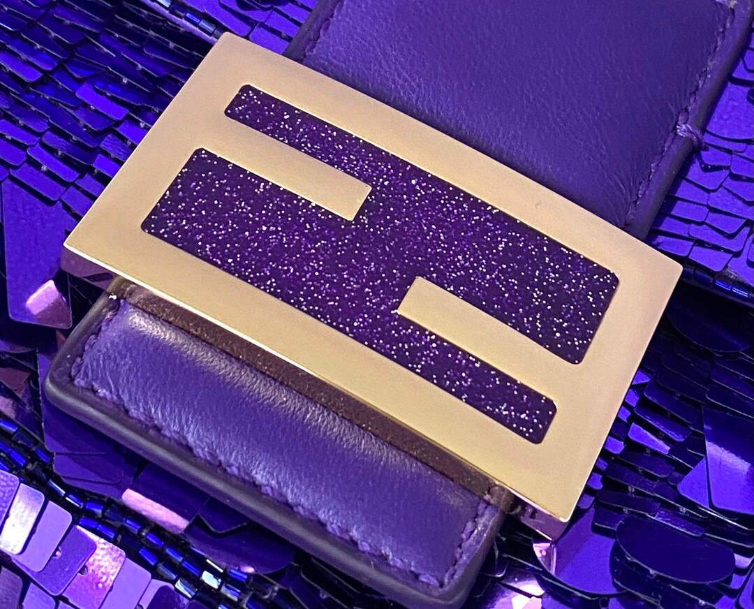 Fendi 8BR792 Medium Baguette 1997 Purple Satin Bag with Sequins 0127L