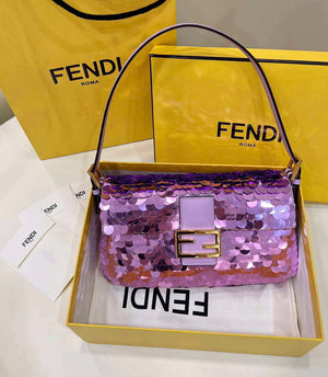 Fendi 8BR792 Medium Baguette 1997 Purple Satin Bag with Sequins 8528 - Default Title - View 1