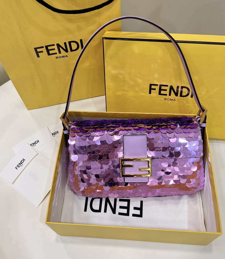 Fendi 8BR792 Medium Baguette 1997 Purple Satin Bag with Sequins 8528 - Default Title - View 1