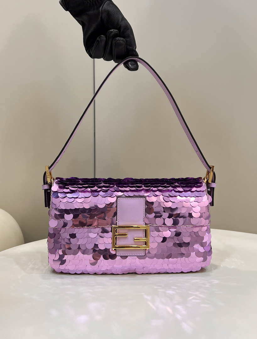 Fendi 8BR792 Medium Baguette 1997 Purple Satin Bag with Sequins 8528 - Default Title - View 2