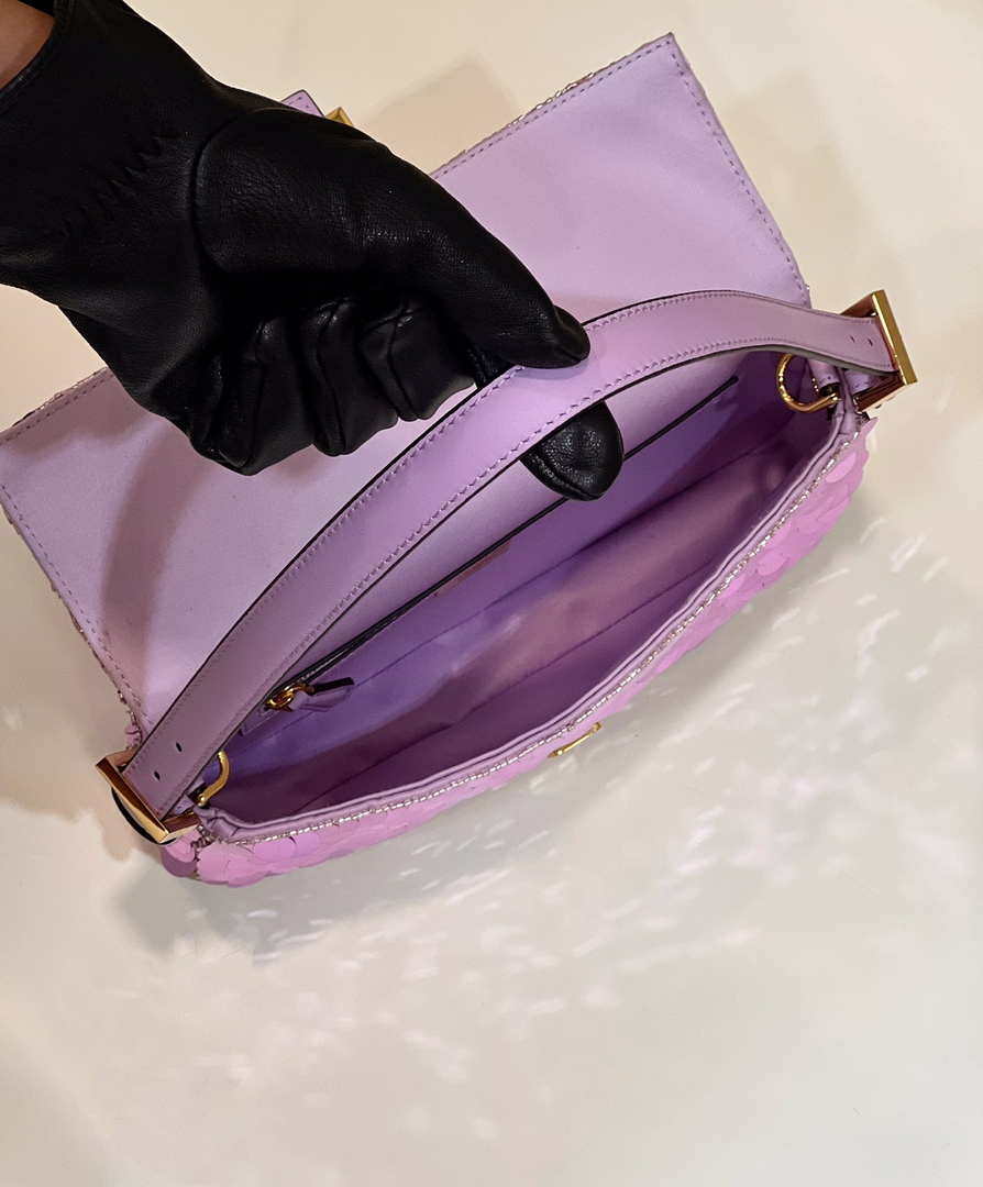 Fendi 8BR792 Medium Baguette 1997 Purple Satin Bag with Sequins 8528