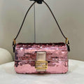 Fendi 8BR792 Medium Baguette 1997 Rose Red Satin Bag with Sequins 8528 - Default Title - View 1