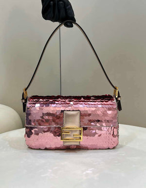 Fendi 8BR792 Medium Baguette 1997 Rose Red Satin Bag with Sequins 8528 - Default Title - View 1