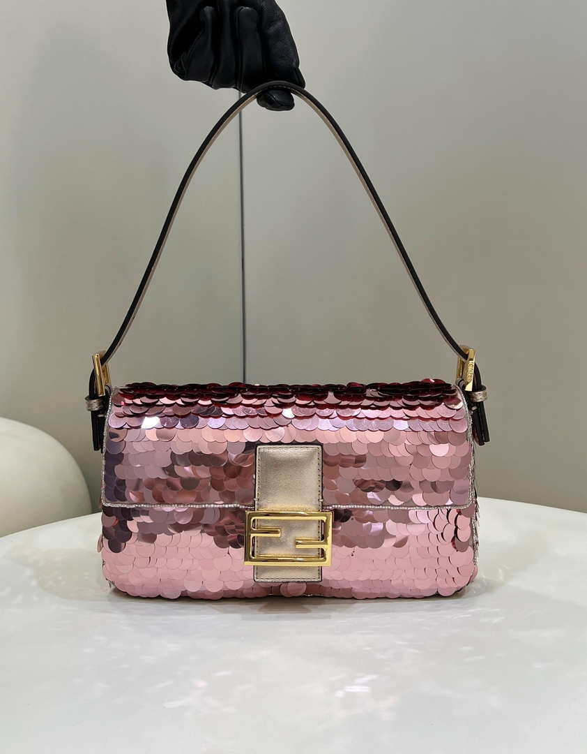 Fendi 8BR792 Medium Baguette 1997 Rose Red Satin Bag with Sequins 8528 - Default Title - View 1