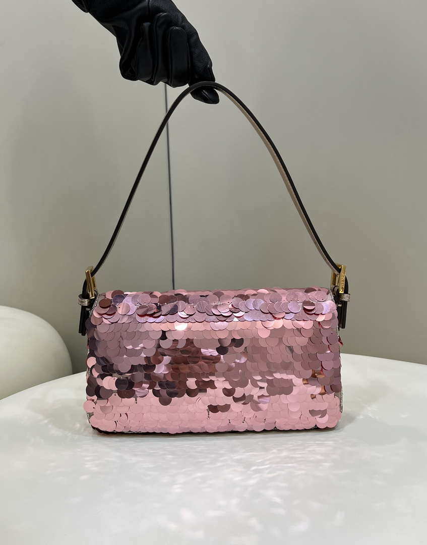 Fendi 8BR792 Medium Baguette 1997 Rose Red Satin Bag with Sequins 8528 - Default Title - View 2