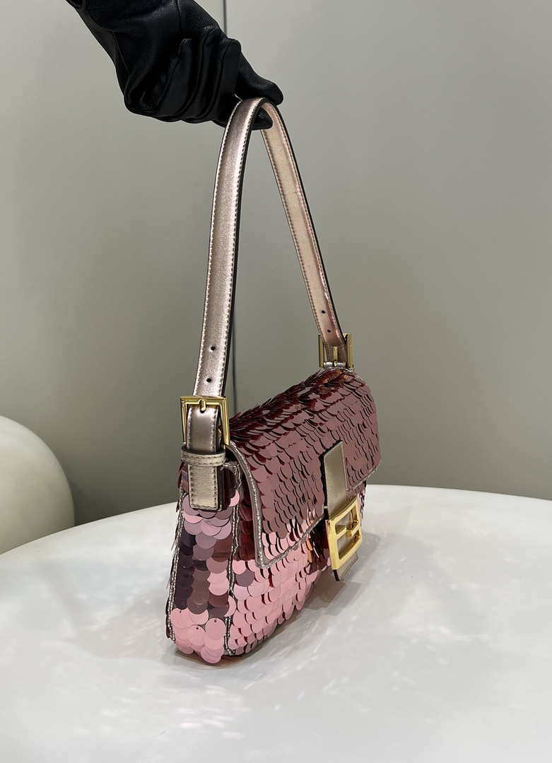 Fendi 8BR792 Medium Baguette 1997 Rose Red Satin Bag with Sequins 8528 - Default Title - View 4