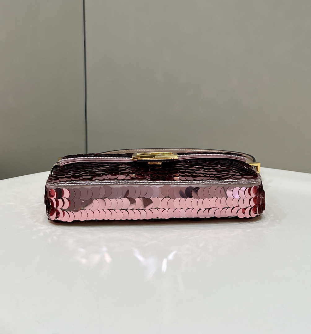Fendi 8BR792 Medium Baguette 1997 Rose Red Satin Bag with Sequins 8528
