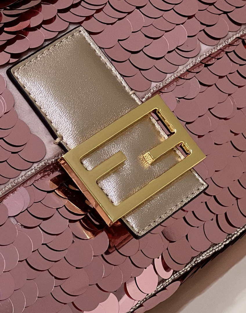Fendi 8BR792 Medium Baguette 1997 Rose Red Satin Bag with Sequins 8528
