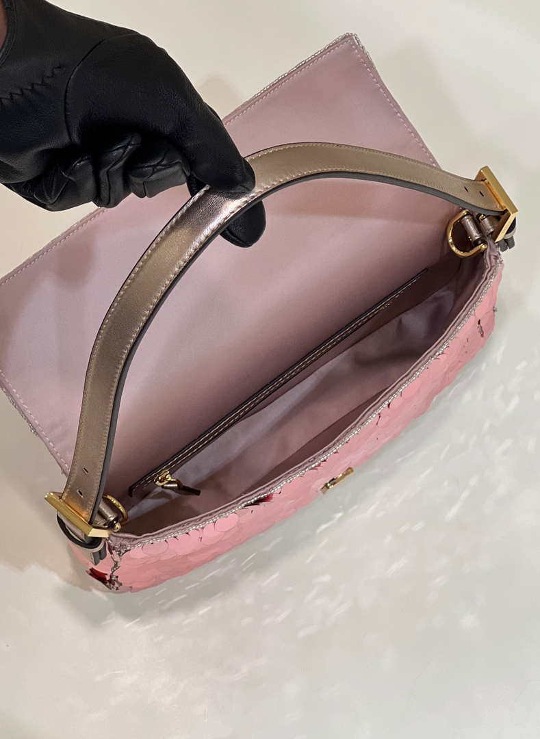 Fendi 8BR792 Medium Baguette 1997 Rose Red Satin Bag with Sequins 8528