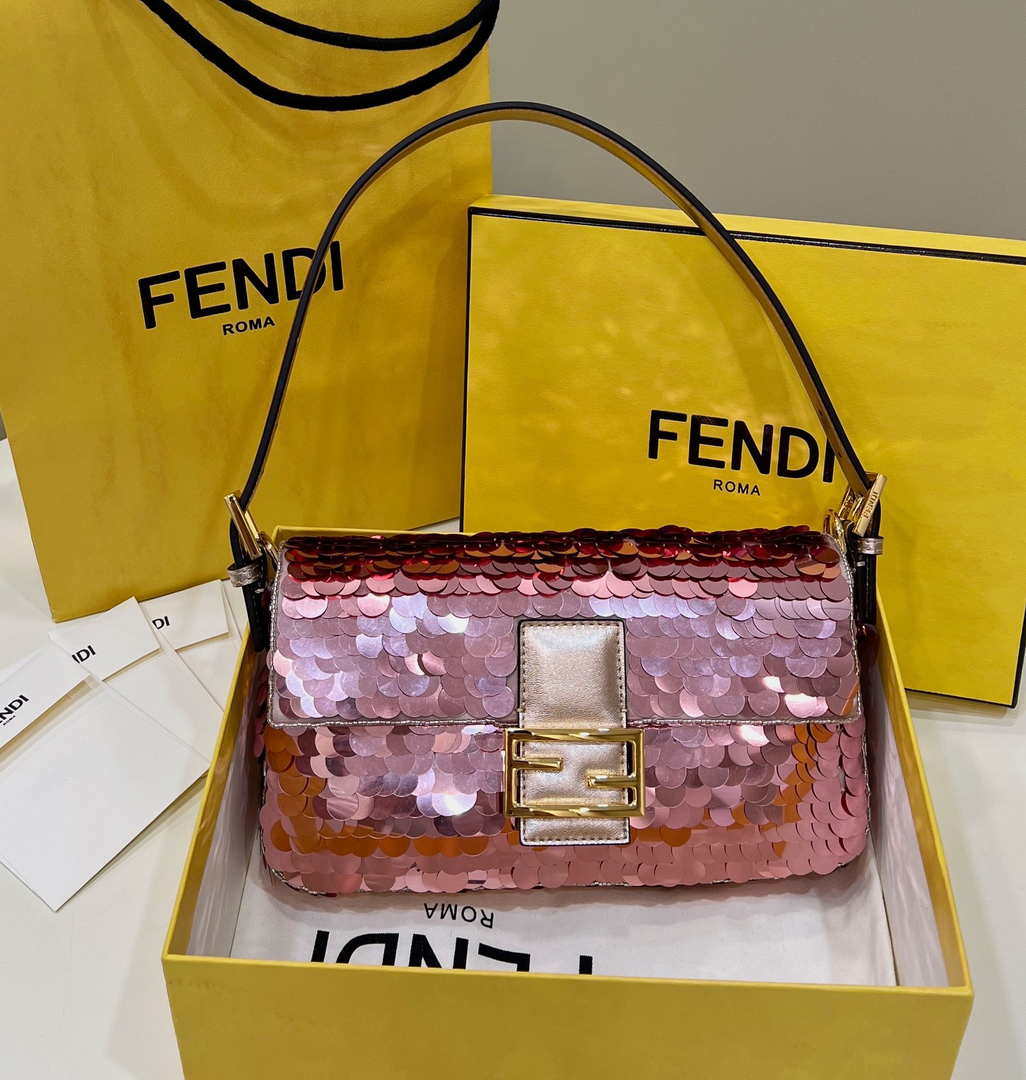 Fendi 8BR792 Medium Baguette 1997 Rose Red Satin Bag with Sequins 8528