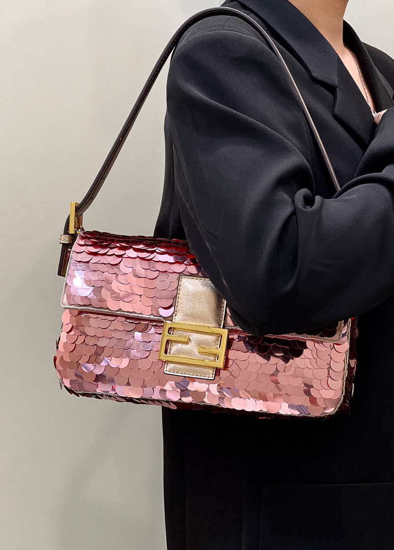 Fendi 8BR792 Medium Baguette 1997 Rose Red Satin Bag with Sequins 8528