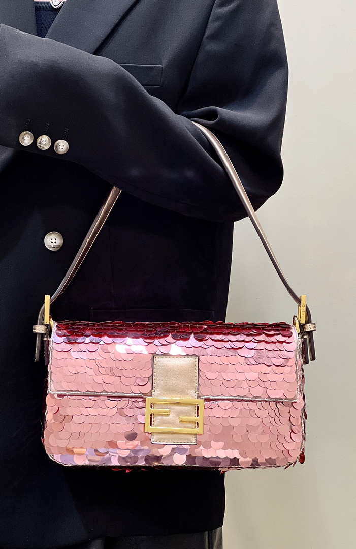 Fendi 8BR792 Medium Baguette 1997 Rose Red Satin Bag with Sequins 8528