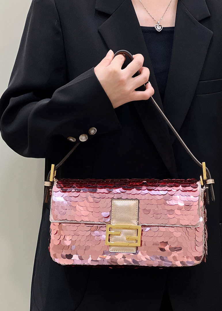 Fendi 8BR792 Medium Baguette 1997 Rose Red Satin Bag with Sequins 8528