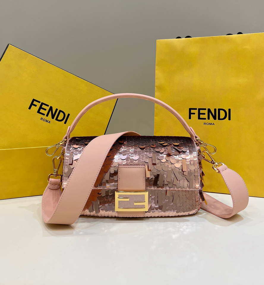 Fendi 8BR600 Medium Baguette Pink sequin and leather bag 8601 - Default Title - View 1