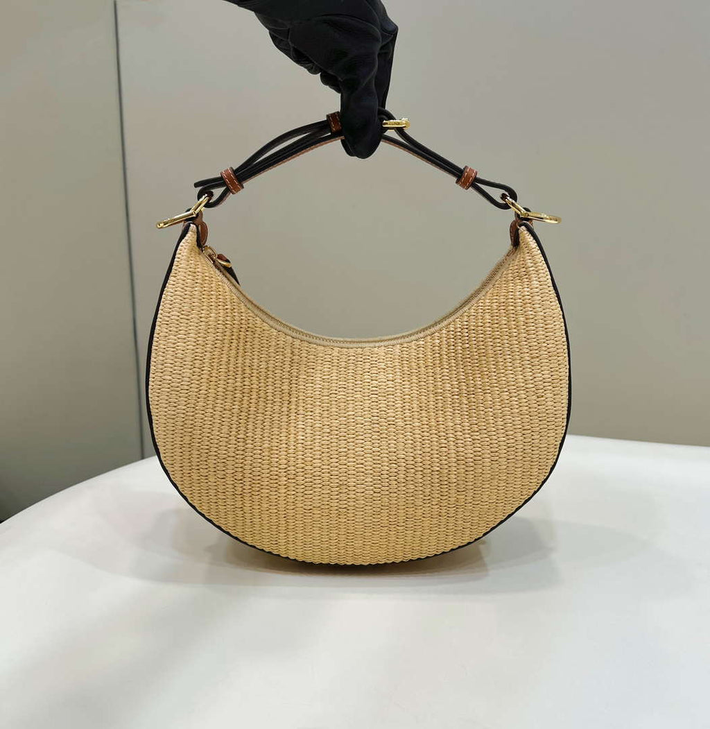 Fendi 8BR799 Fendigraphy Medium Natural Raffia and Brown leather bag
