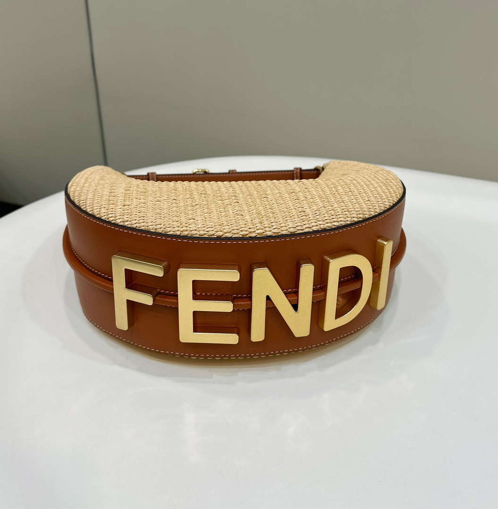 Fendi 8BR799 Fendigraphy Medium Natural Raffia and Brown leather bag