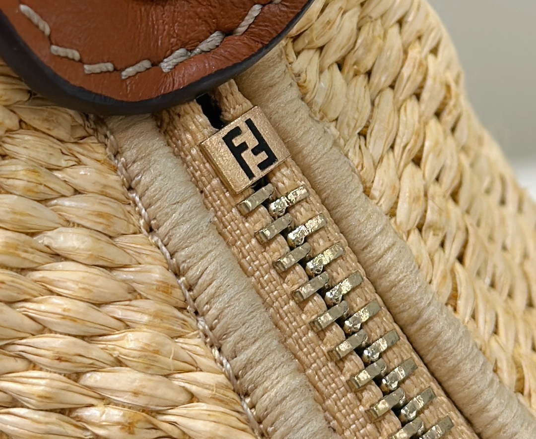 Fendi 8BR799 Fendigraphy Medium Natural Raffia and Brown leather bag