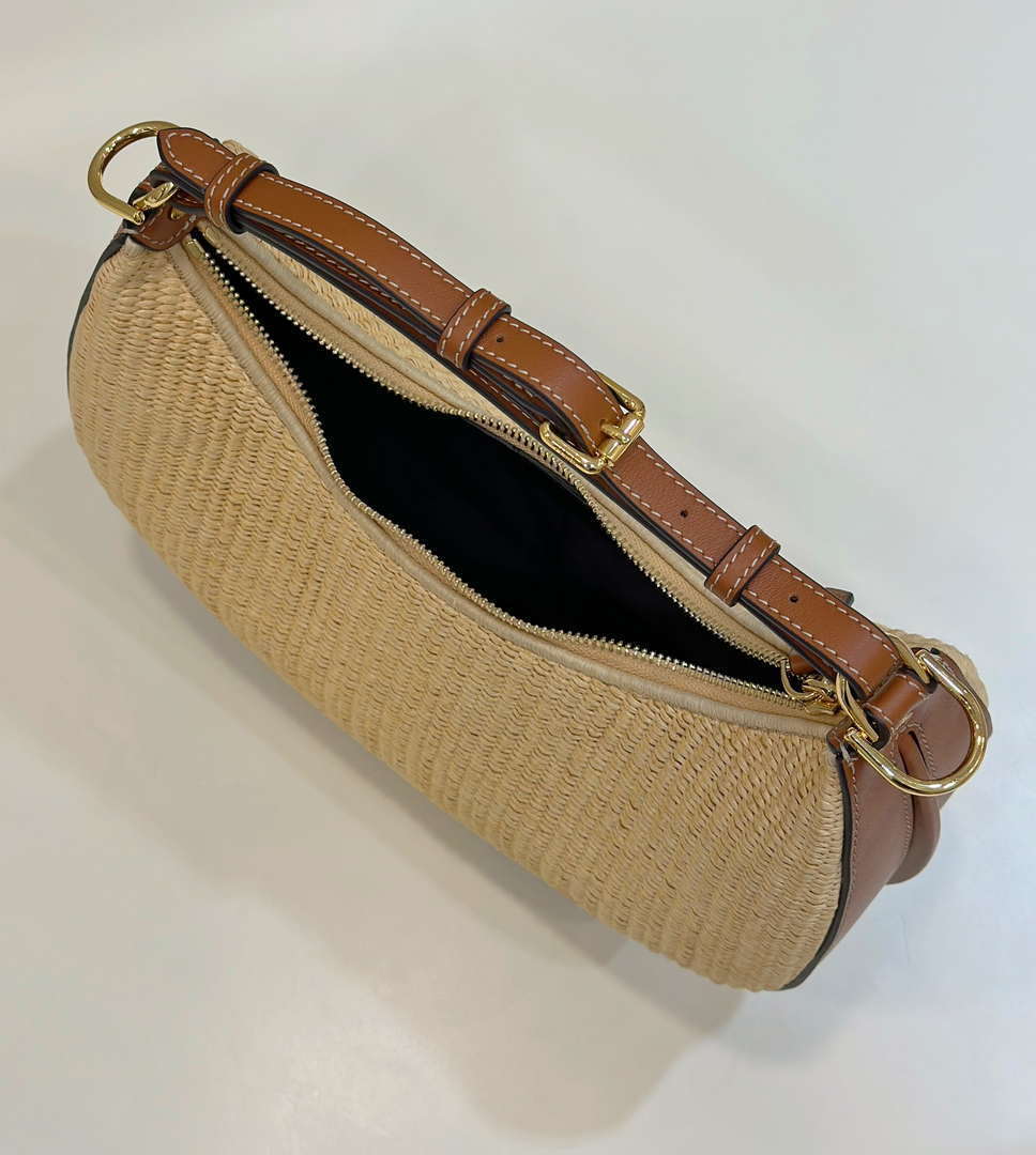 Fendi 8BR799 Fendigraphy Medium Natural Raffia and Brown leather bag
