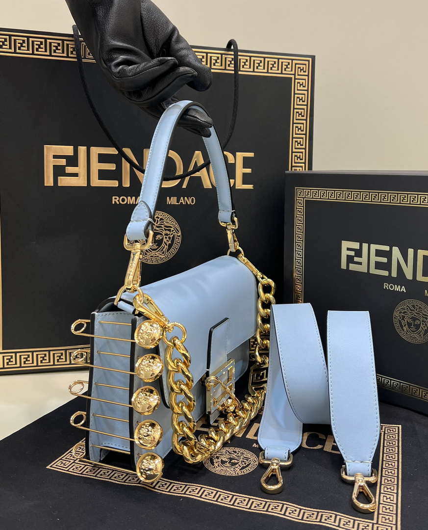 Fendi 8BR801 Baguette brooch Fendace Blue leather 8563 bag
