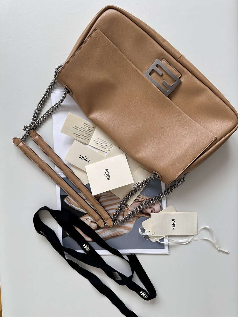 Fendi 8BR828AS7AF1QD0 Baguette Chain Large Black leather bag 8669 Apricot - Default Title - View 1