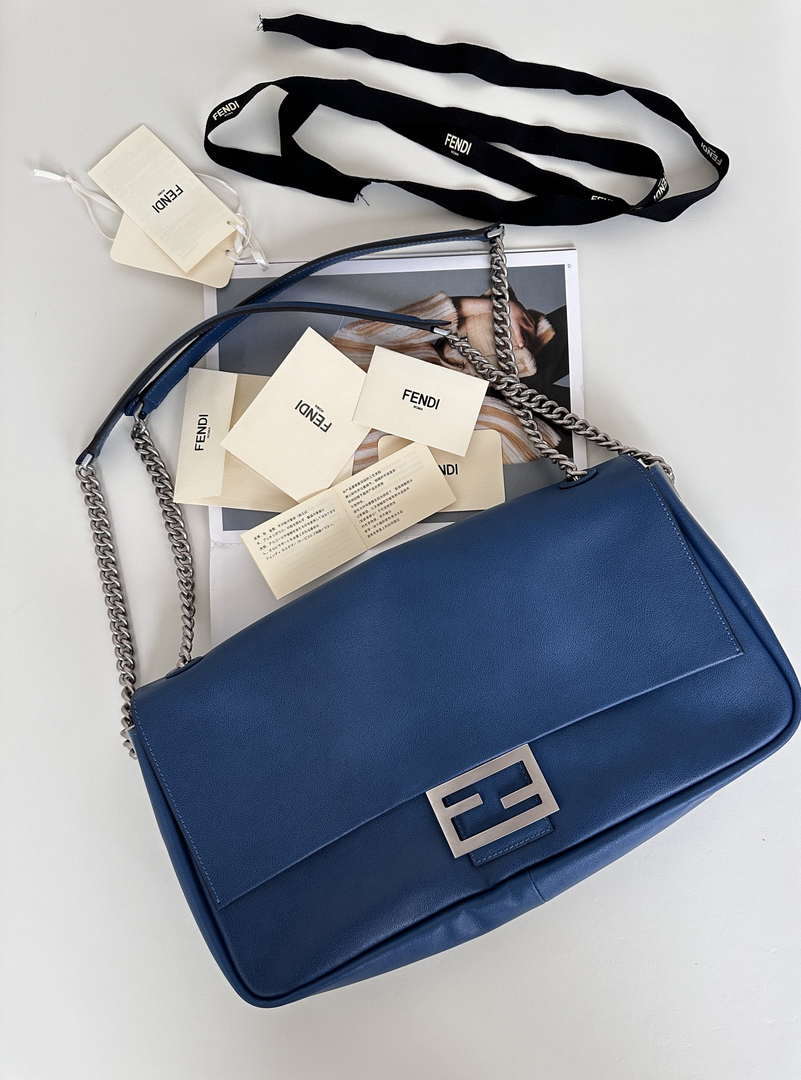 Fendi 8BR828AS7AF1QD0 Baguette Chain Large Black leather bag 8669 Blue
