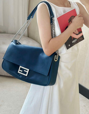 Fendi 8BR828AS7AF1QD0 Baguette Chain Large Black leather bag 8669 Blue - Default Title - View 1