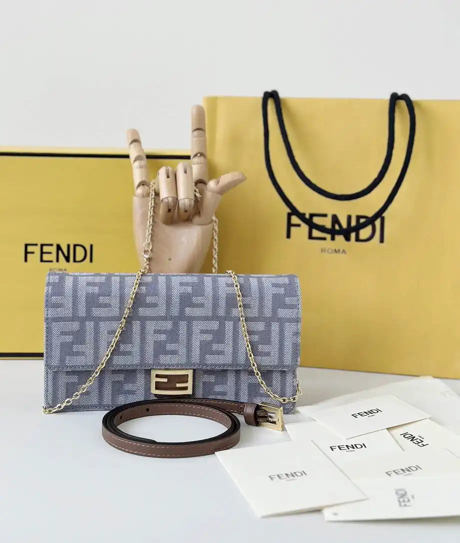Fendi 8BR828AS7AF1QD0 Baguette Chain Large Blue denim-effect FF jacquard bag 8638