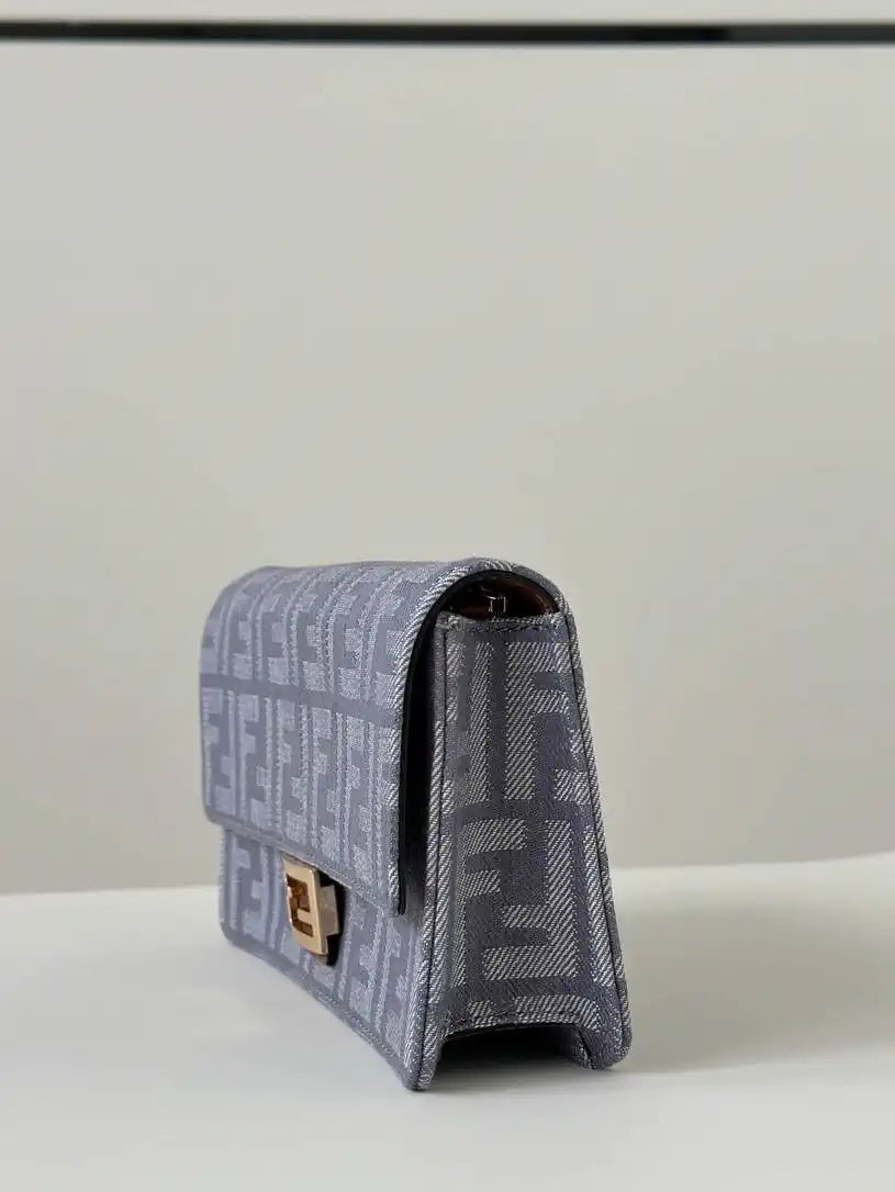 Fendi 8BR828AS7AF1QD0 Baguette Chain Large Blue denim-effect FF jacquard bag 8638