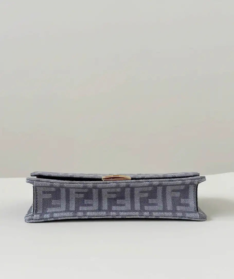 Fendi 8BR828AS7AF1QD0 Baguette Chain Large Blue denim-effect FF jacquard bag 8638