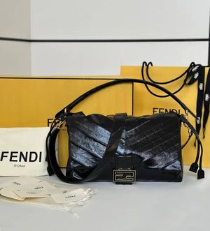 Fendi 8BR833AQ0DF1SK5 Mamma Baguette Medium Black eel skin leather bag 8677M - Default Title - View 1
