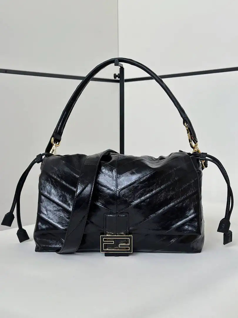 Fendi 8BR833AQ0DF1SK5 Mamma Baguette Medium Black eel skin leather bag 8677M - Default Title - View 2