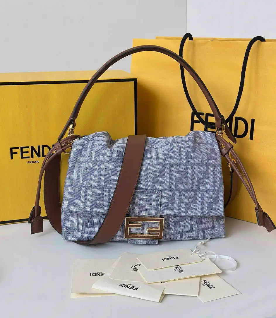 Fendi 8BR833AQ0DF1SK5 Mamma Baguette Medium Blue denim-effect FF jacquard  8677M
