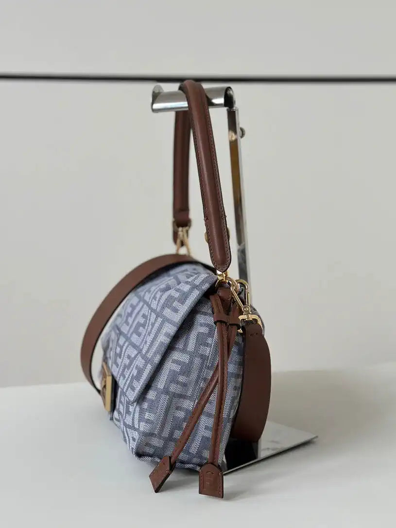 Fendi 8BR833AQ0DF1SK5 Mamma Baguette Medium Blue denim-effect FF jacquard  8677M