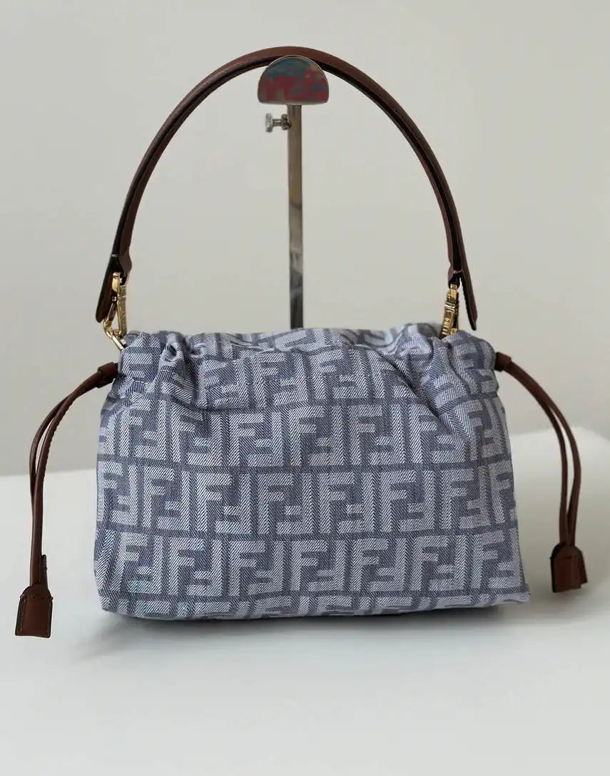 Fendi 8BR833AQ0DF1SK5 Mamma Baguette Medium Blue denim-effect FF jacquard  8677M