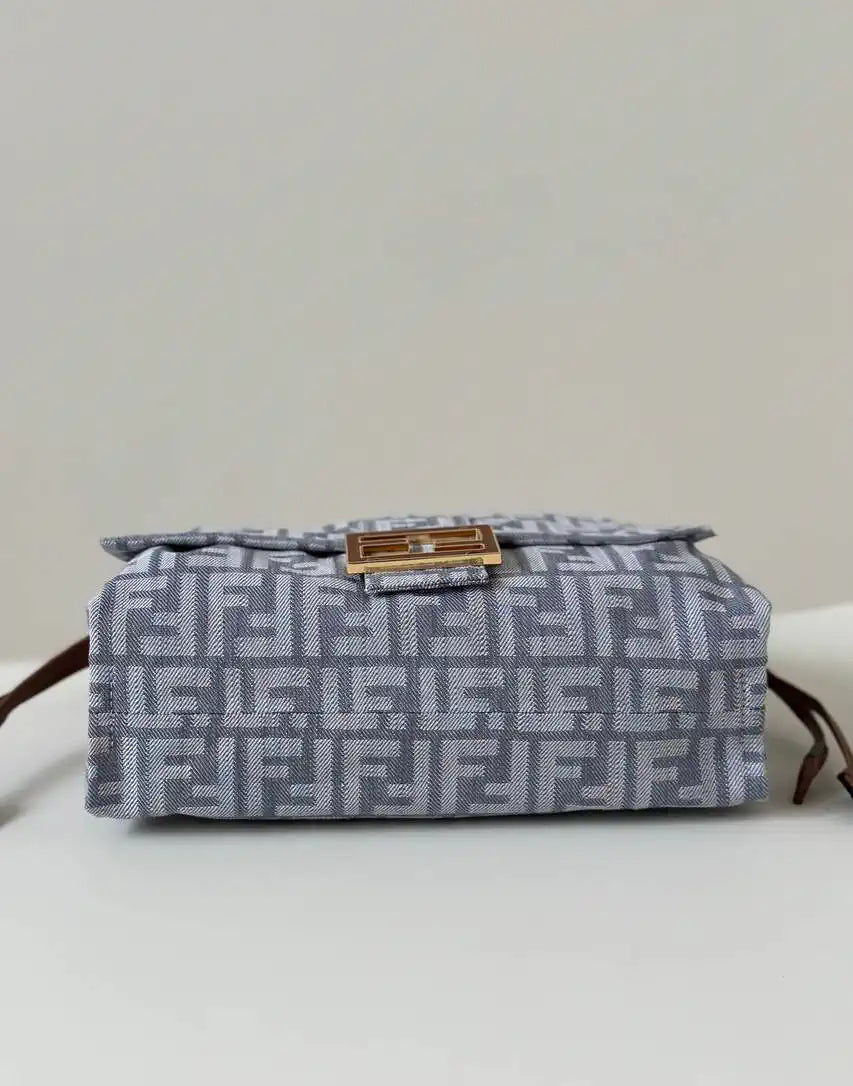 Fendi 8BR833AQ0DF1SK5 Mamma Baguette Medium Blue denim-effect FF jacquard  8677M