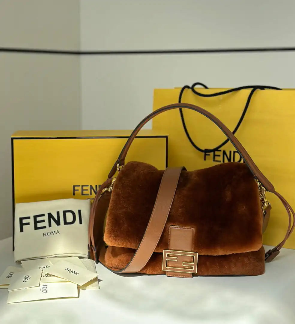 Fendi 8BR833AYCUF0NGA Mamma Baguette Medium Brown shearling bag 8693L - Default Title - View 2