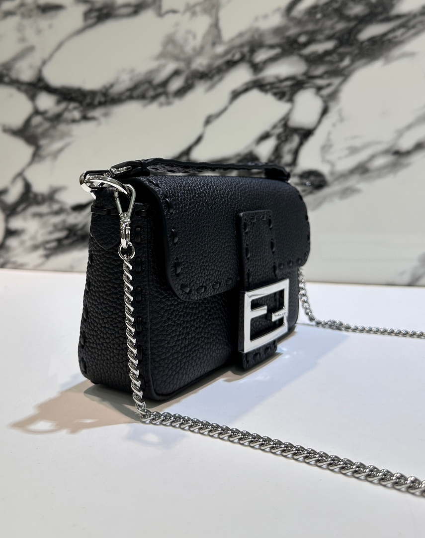 Fendi 8BS017 Baguette Mini Black Selleria bag with 309 hand-sewn Tpstitches 8610S