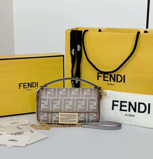 Fendi 8BS017  Baguette Mini Dove Gray denim-effect FF jacquard bag - Default Title - View 1