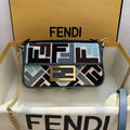 Fendi 8BS017  Baguette Mini  Blue & Brown denim-effect FF jacquard bag