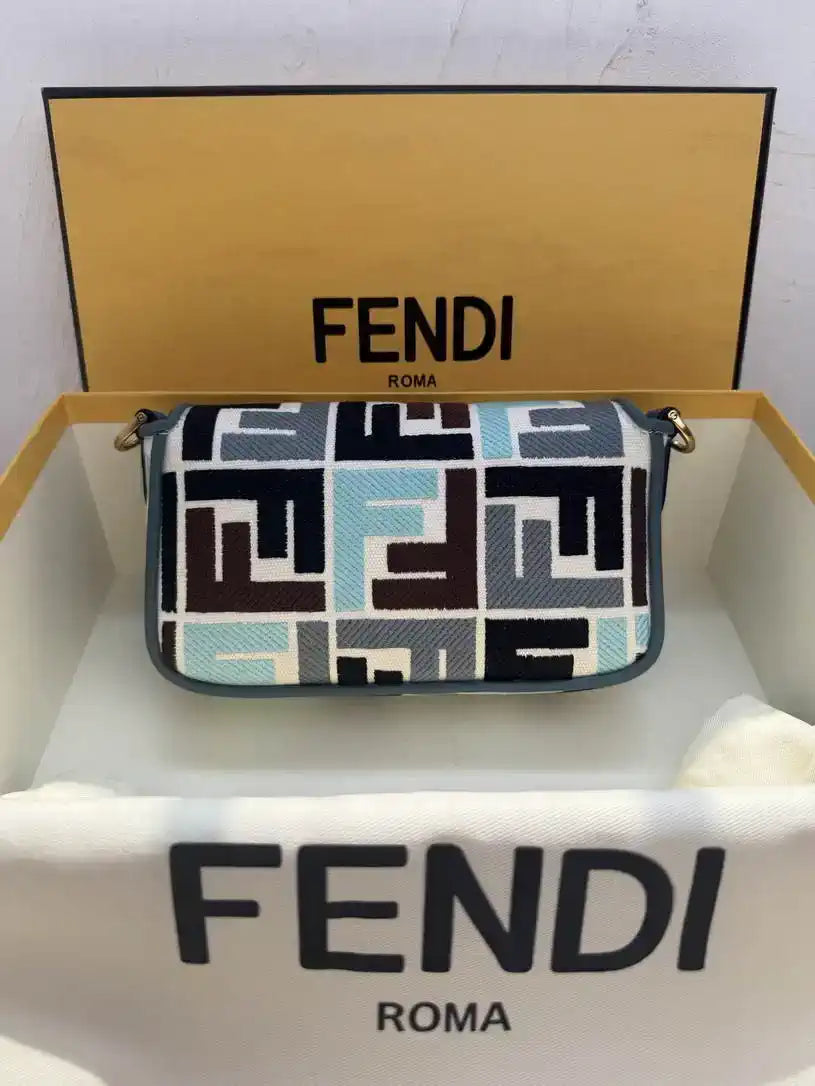 Fendi 8BS017  Baguette Mini  Blue & Brown denim-effect FF jacquard bag