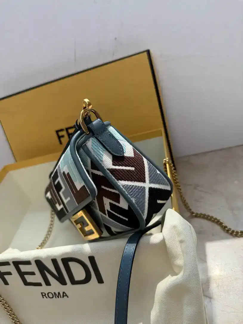 Fendi 8BS017  Baguette Mini  Blue & Brown denim-effect FF jacquard bag