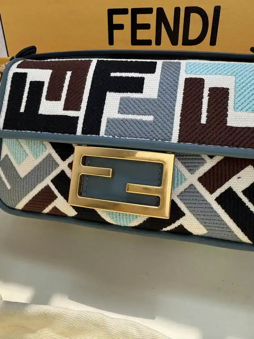 Fendi 8BS017  Baguette Mini  Blue & Brown denim-effect FF jacquard bag
