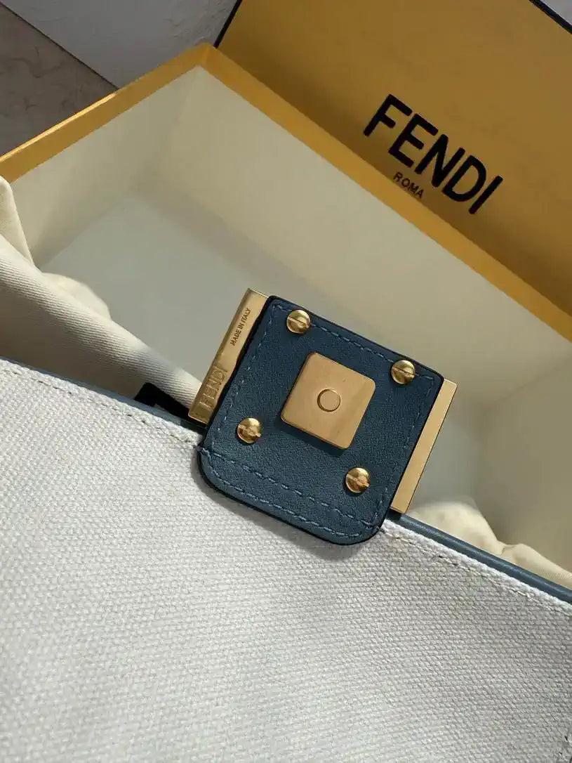 Fendi 8BS017  Baguette Mini  Blue & Brown denim-effect FF jacquard bag