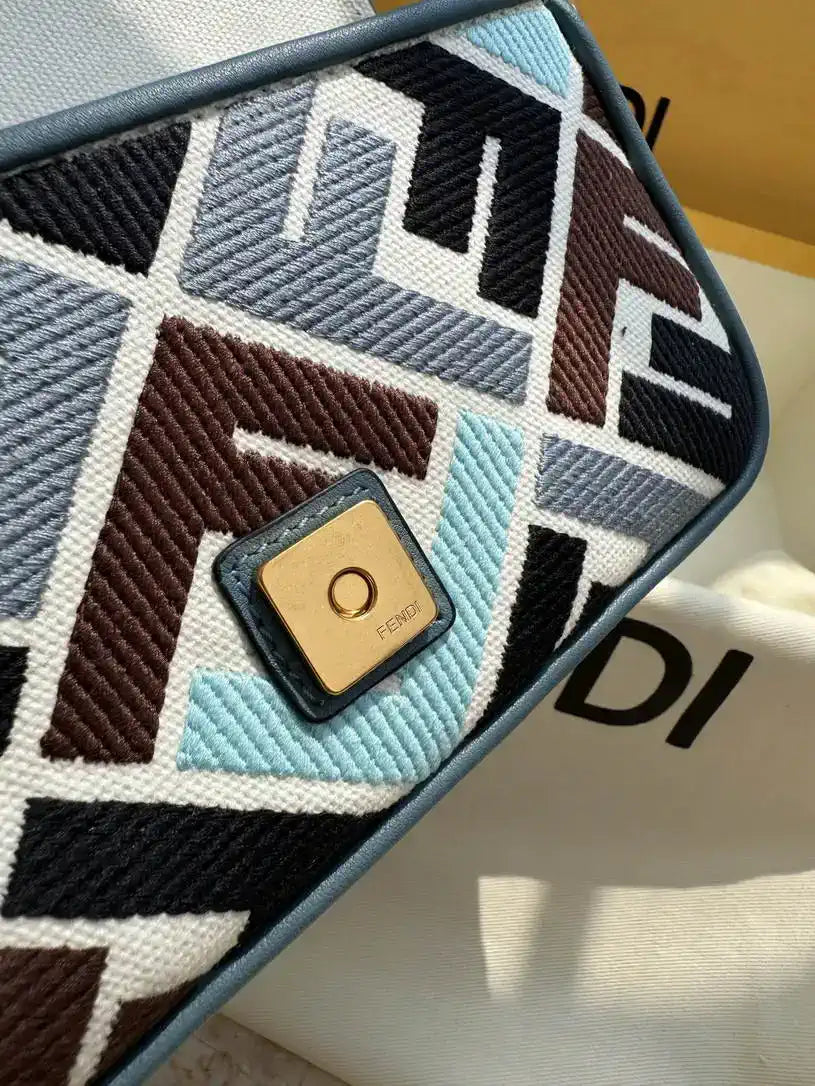 Fendi 8BS017  Baguette Mini  Blue & Brown denim-effect FF jacquard bag
