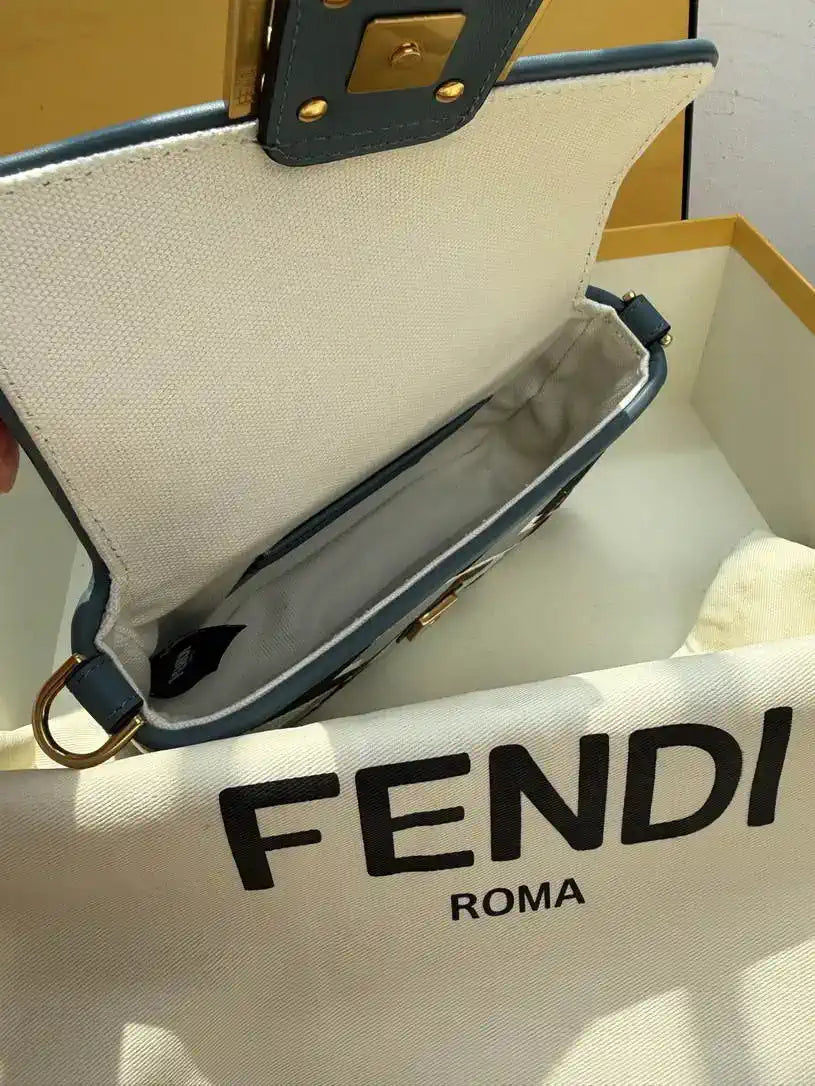 Fendi 8BS017  Baguette Mini  Blue & Brown denim-effect FF jacquard bag