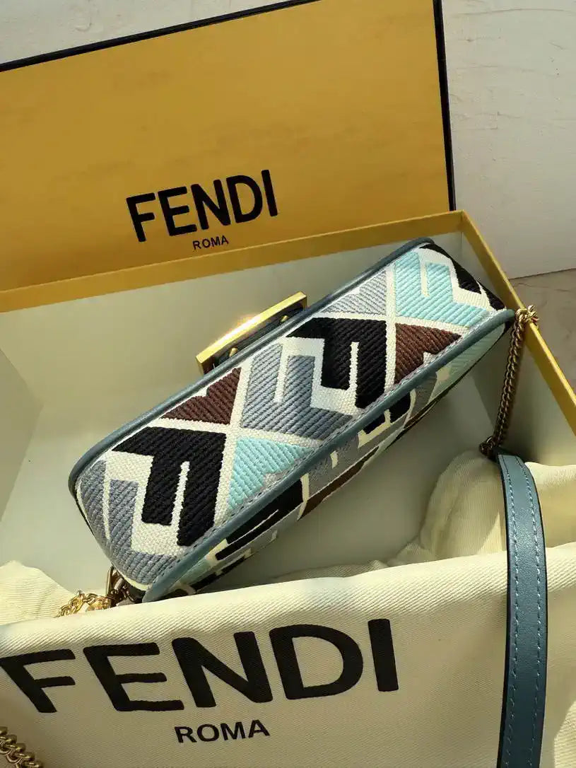 Fendi 8BS017  Baguette Mini  Blue & Brown denim-effect FF jacquard bag