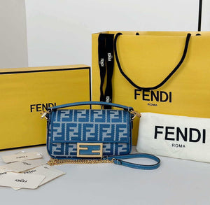 Fendi 8BS017  Baguette Mini Blue denim-effect FF jacquard bag - Default Title - View 1