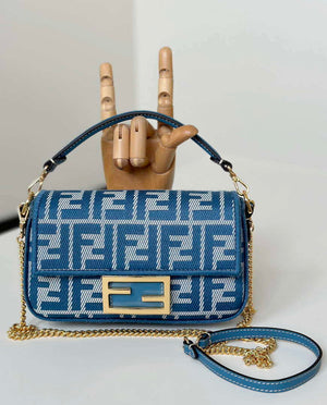 Fendi 8BS017  Baguette Mini Blue denim-effect FF jacquard bag - Default Title - View 2