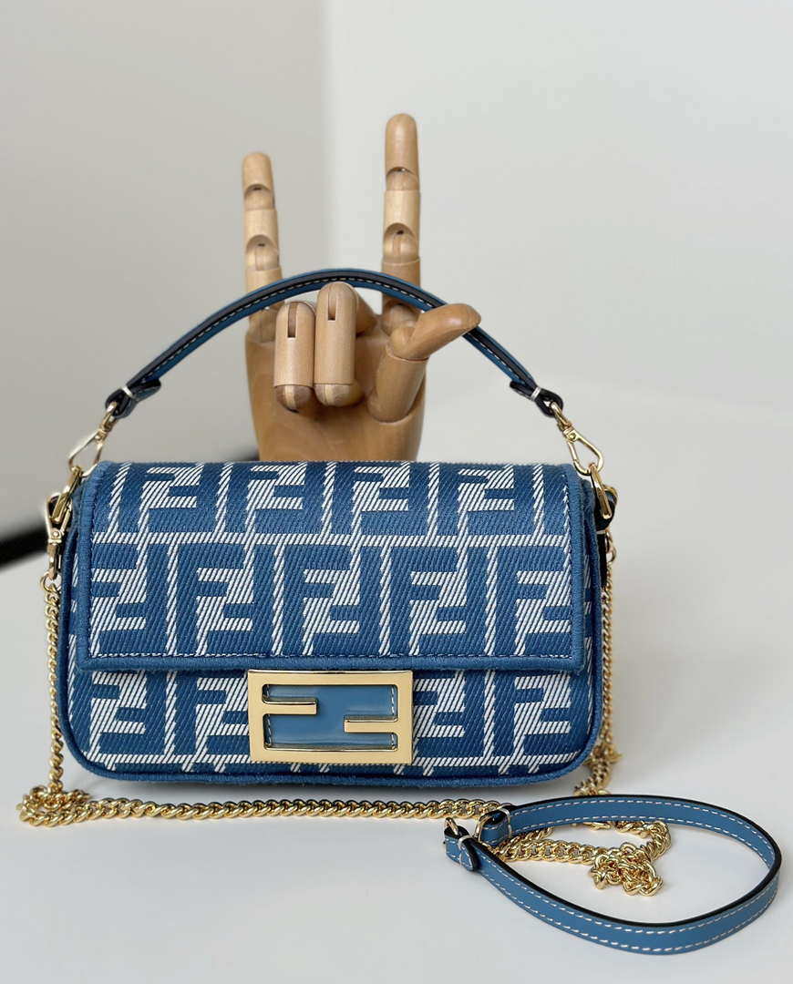 Fendi 8BS017  Baguette Mini Blue denim-effect FF jacquard bag - Default Title - View 2